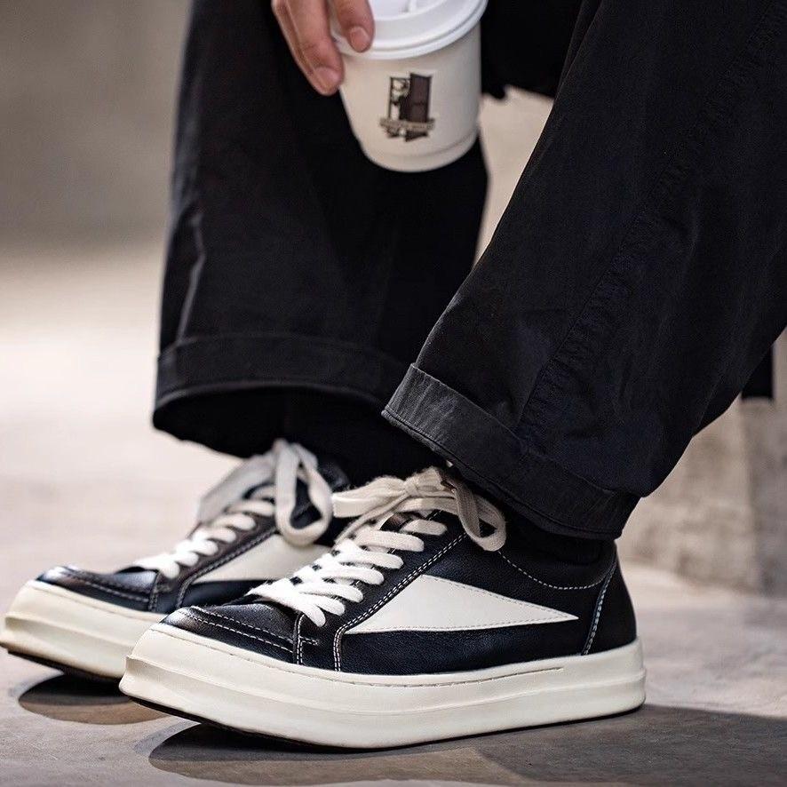 Outdoor Black PU Leather Low Top Thick Sole Men Shoes Jogging Lace Up Sneaker Fashion Casual Design Walking Trainers Footwear