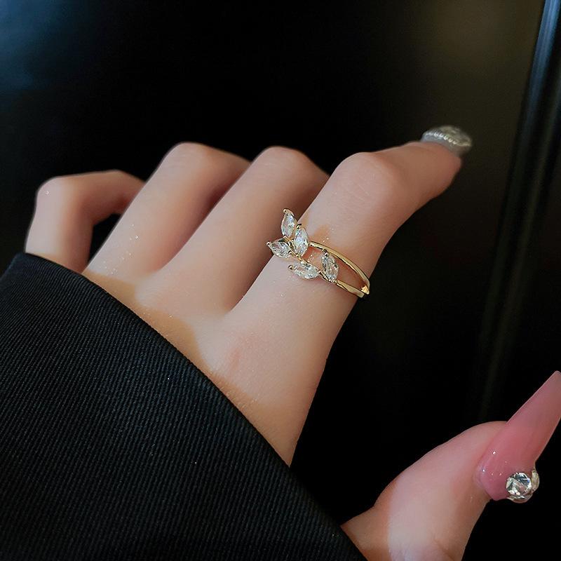 Women's Adjustable Leaf Cross Ring with Micro-Inlaid Zircon