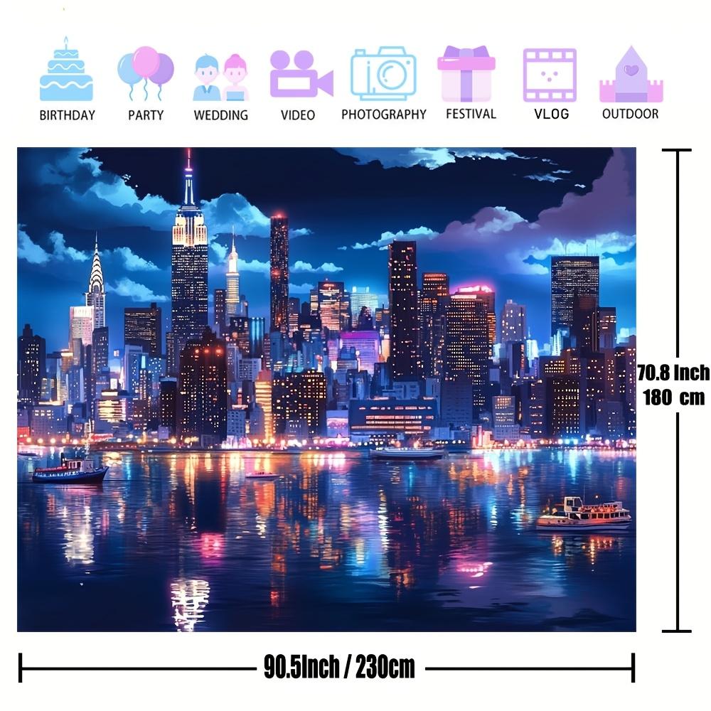Vibrant New York Night Scene Background Cloth -1 polyester fiber flag, bright colors, detailed urban landscape