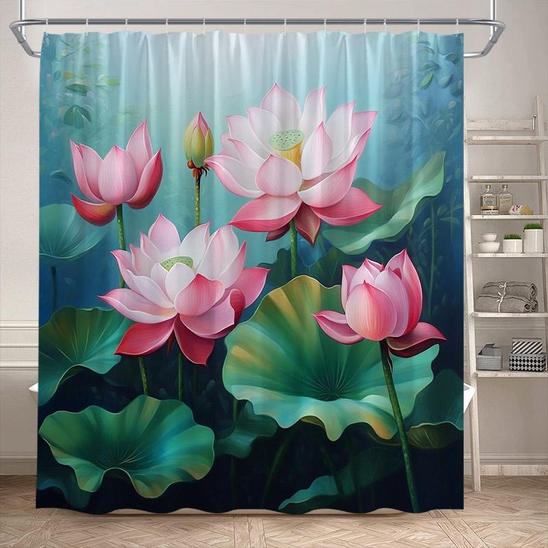 Lotus Shower Curtains White Floral Green Leaves Plant Chinese Style Art Bath Curtain Polyester Bathroom Bathtub Decor With Hooks