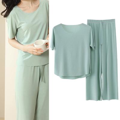 Pigiama Estivo da Donna Senza Cuciture Seta Ghiacciata Girocollo Manica Corta Monocolore Vita Elastica Gamba Larga Morbido Traspirante Set Top e Pantaloni per la Casa