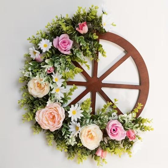 Künstlicher Blumenkranz Wagenrad Frühling Floral Holzradkranz Outdoor Willkommensschild für Valentinstag Haustür Wand Zuhause Veranda Dekor