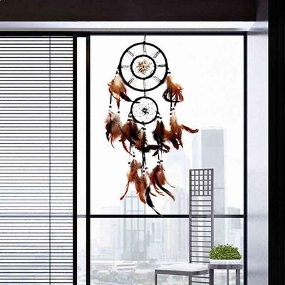 Dream Catcher Doppio Cerchio tela sole e fiori Piume Marrone Sogno