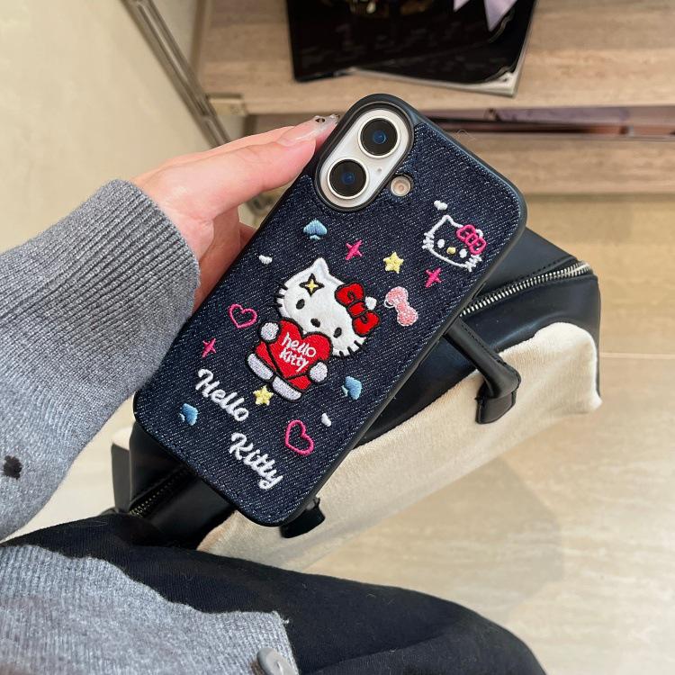 Embroidered Kitty Cat Denim Phone Case for iPhone 15 Pro Max