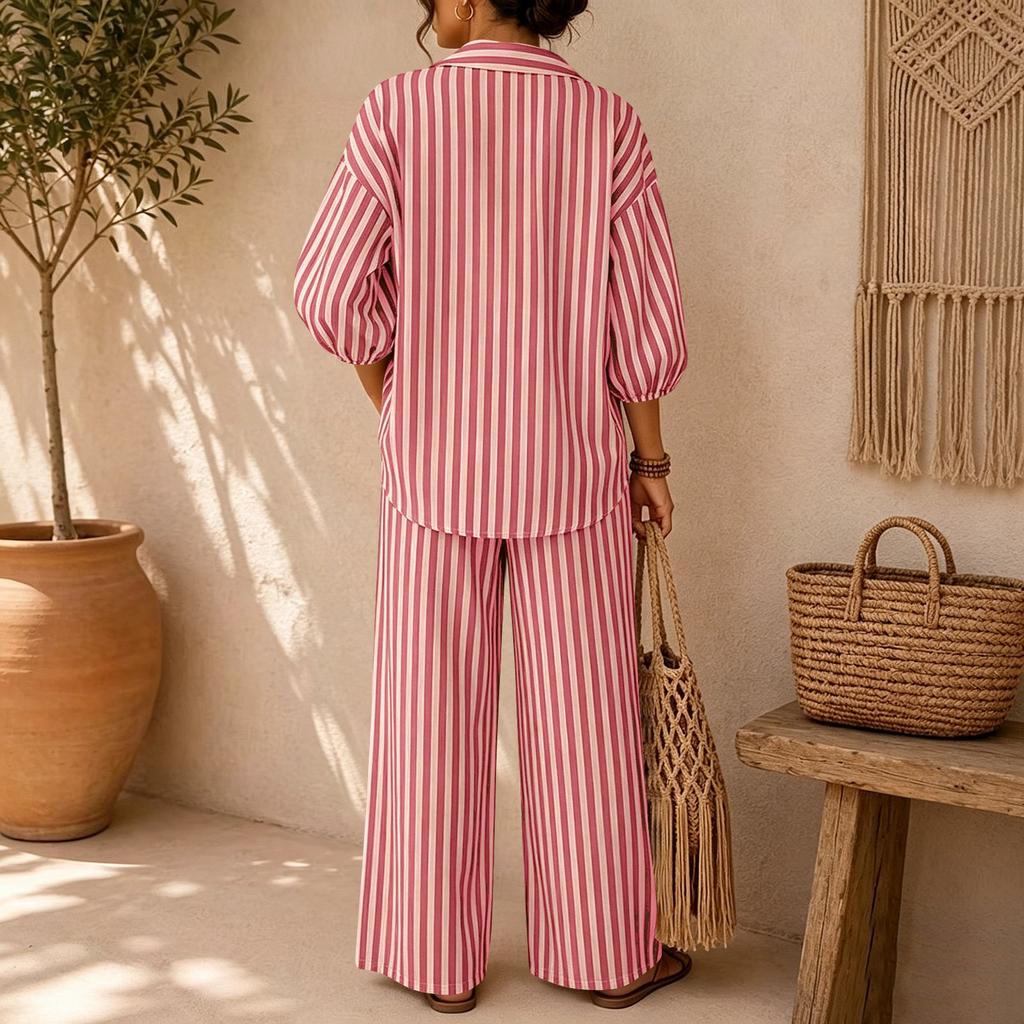 Women Striped Collar Button Down Shirt Three Quarter Sleeve Top Elastic Waist Casual Pants Two Piece Set Loose Fit Lightweight Fabric