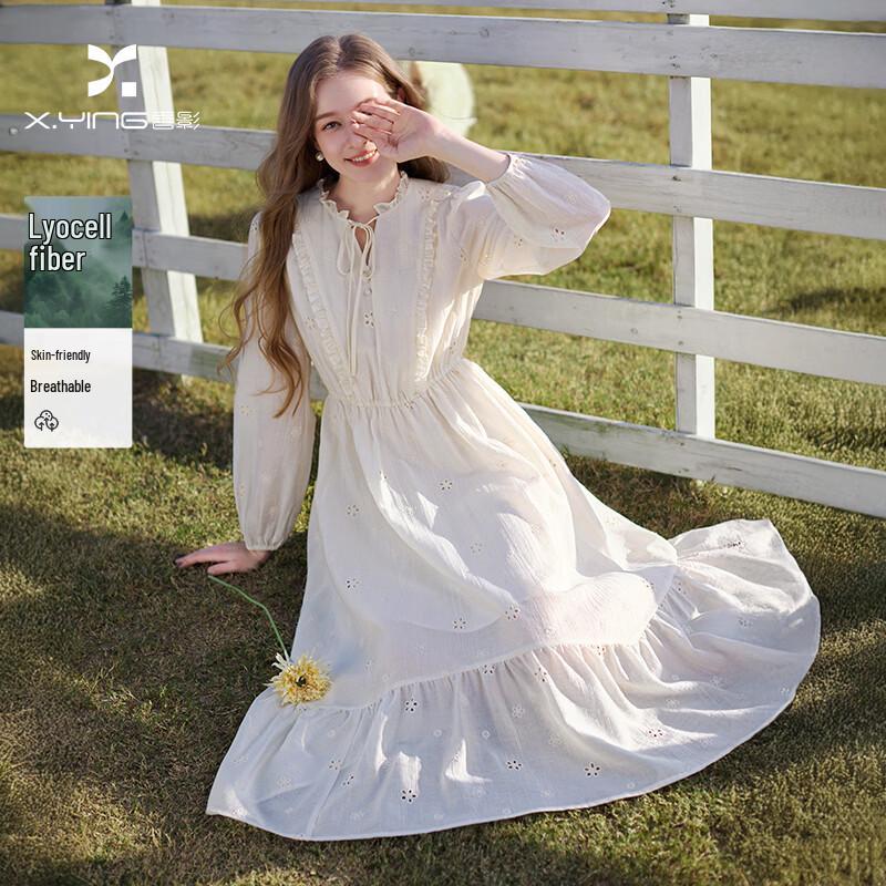 Women s White Embroidered Tencel Midi Dress L