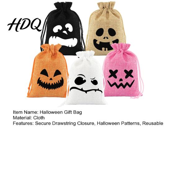 Halloween Party Supplies 5Pcs Candy Bags with Drawstring Funny Ghost Pumpkin Print Gift Pouches Reusable Decor for Favors And Trick or Treat