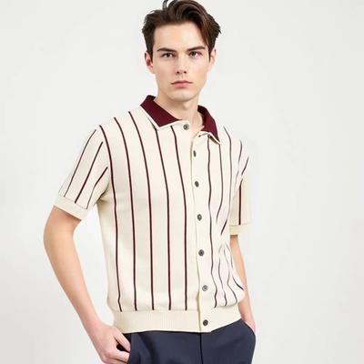 2025 Summer Thin Loose Half-Sleeve T-Shirt Retro Japanese Style Polo Shirt Ice Silk Vertical Striped Shirt Men's Short Sleeve