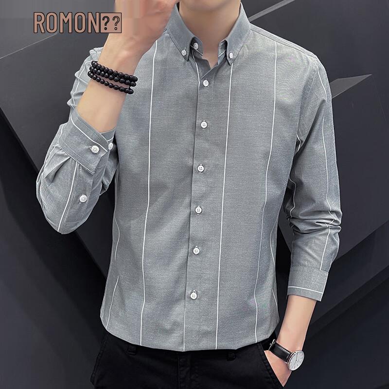 ROMON Men s Slim Fit Wrinkle-Free Striped Long Sleeve Shirt 3XL