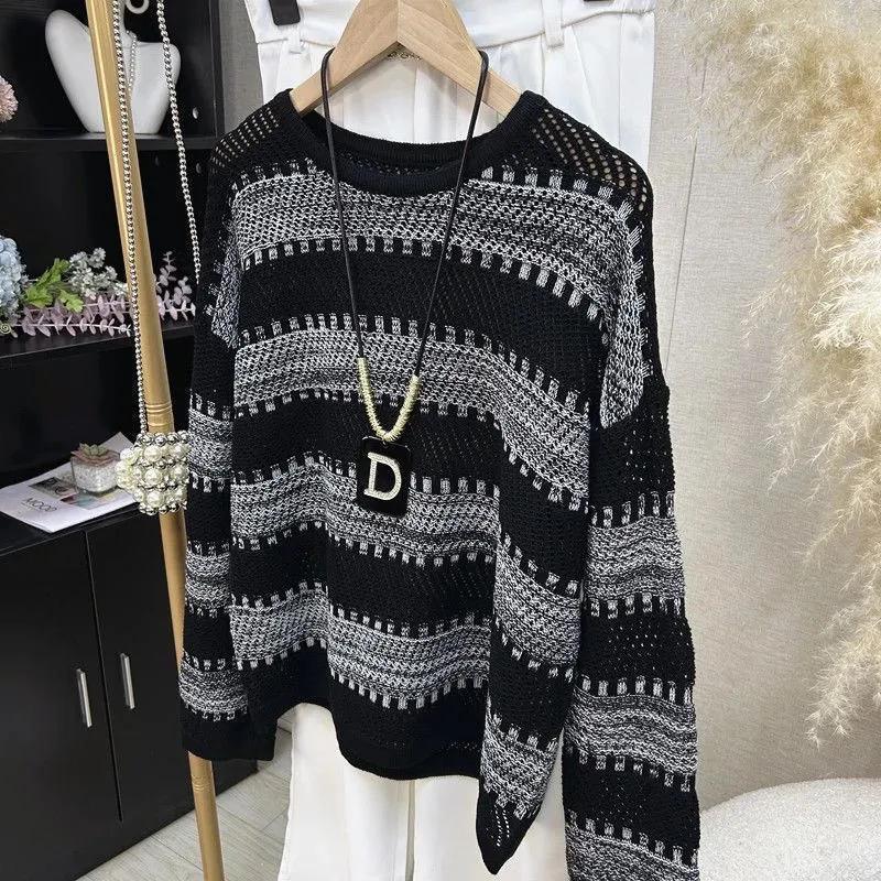 Striped Round Neck Long-sleeved Sweater Women's Autumn Off-shoulder All-match Casual Knitted Top