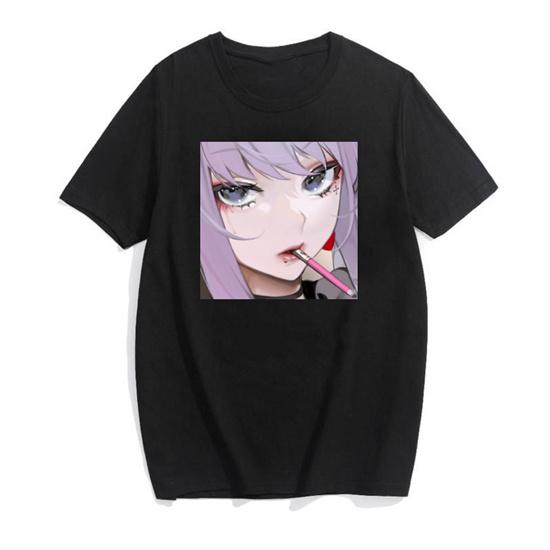 Dark Gothic Short Sleeve T-shirt Cute Cartoon Girl Streetwear Simple Casual Top Retro Loose E-Girl Summer Short Sleeve T-shirt