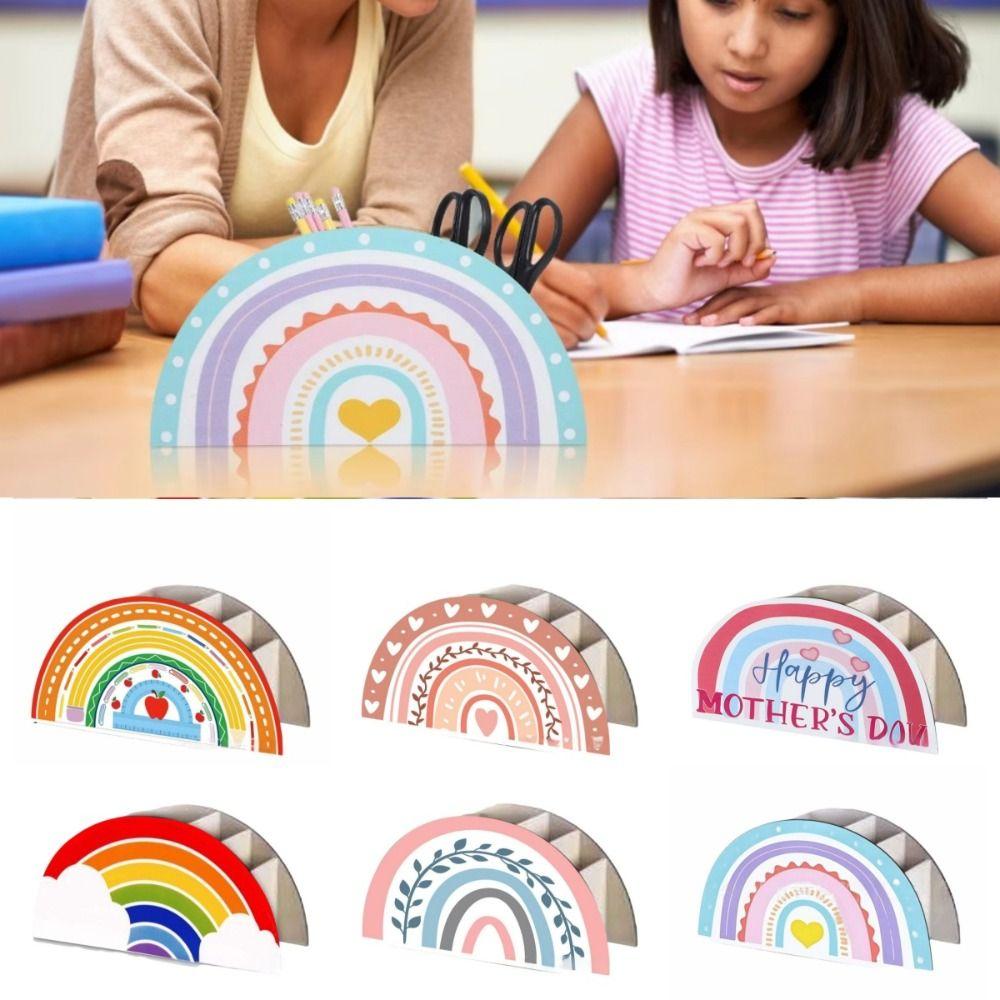 Wooden Rainbow Pencil Holder 5 Slots Decorative Pen Holder  Graduation Season