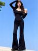 Women's Black Long Sleeve Corset Vest - Square Neck Slimming Top for Autumn/Winter