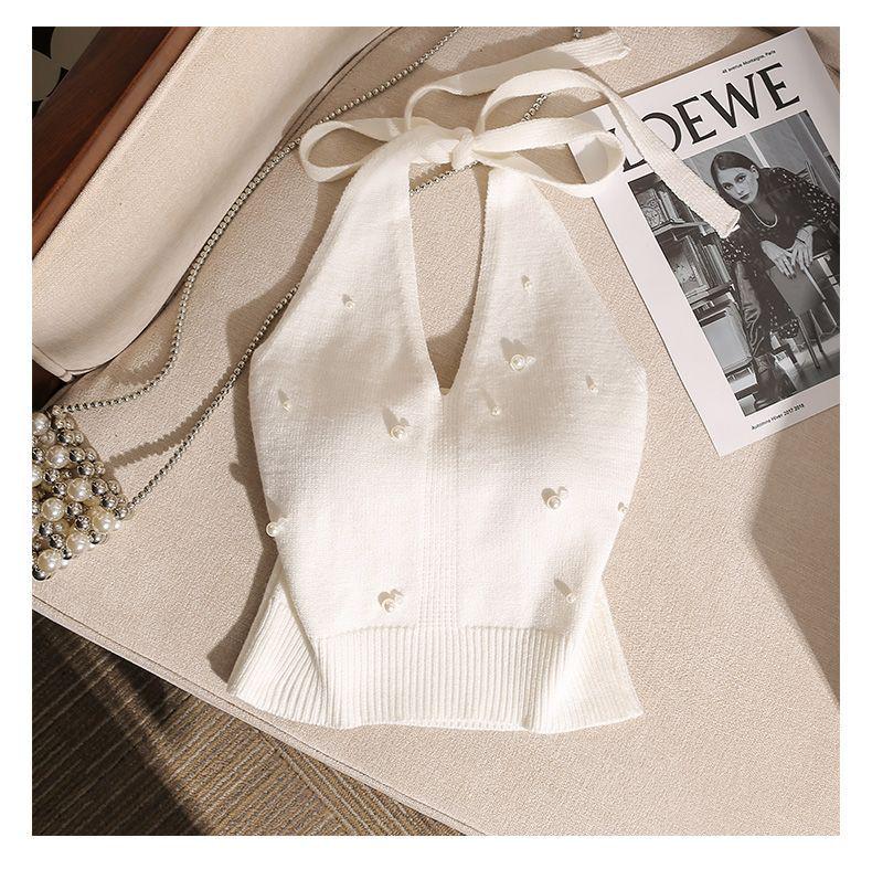 French Beaded Halter Camisole: Slim-Fit, Off-Shoulder, Knit Top for Women - Perfect Summer Wear One Size