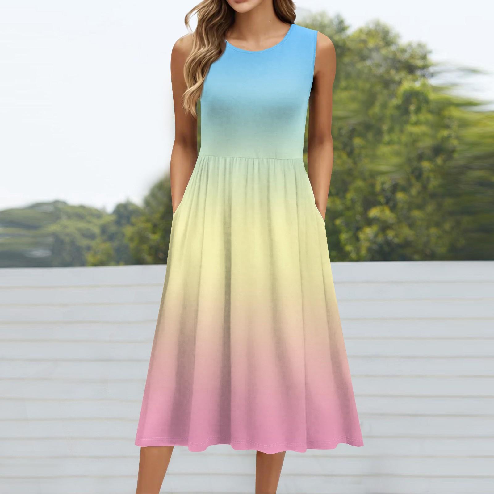 

Женское модное платье средней длины с круглым вырезом и принтом без рукавов XL жёлтый