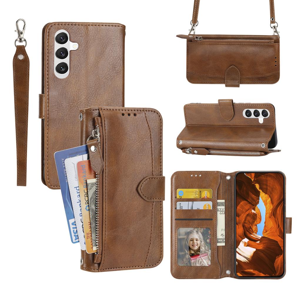 For Samsung Galaxy A57 5G Case Zipper Pocket Leather Phone Cover with Crossbody Shoulder Strap