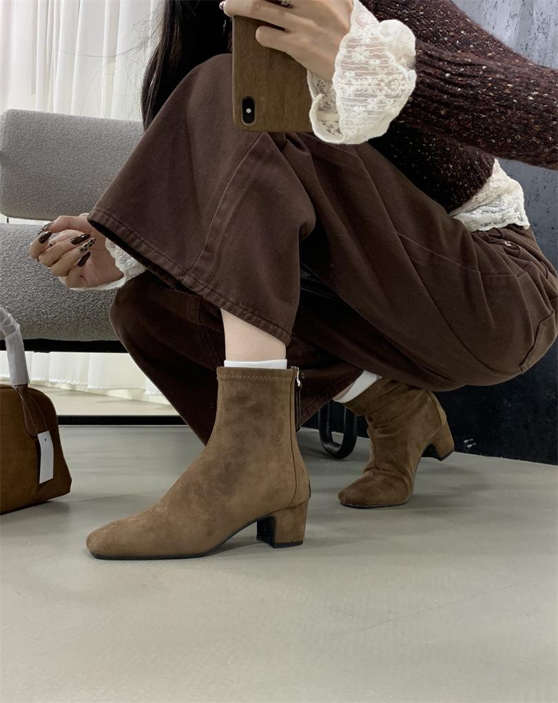Brown short boots women's high heel thick heel rear zipper square head versatile 2025 new autumn and winter Korean version suede thin boots