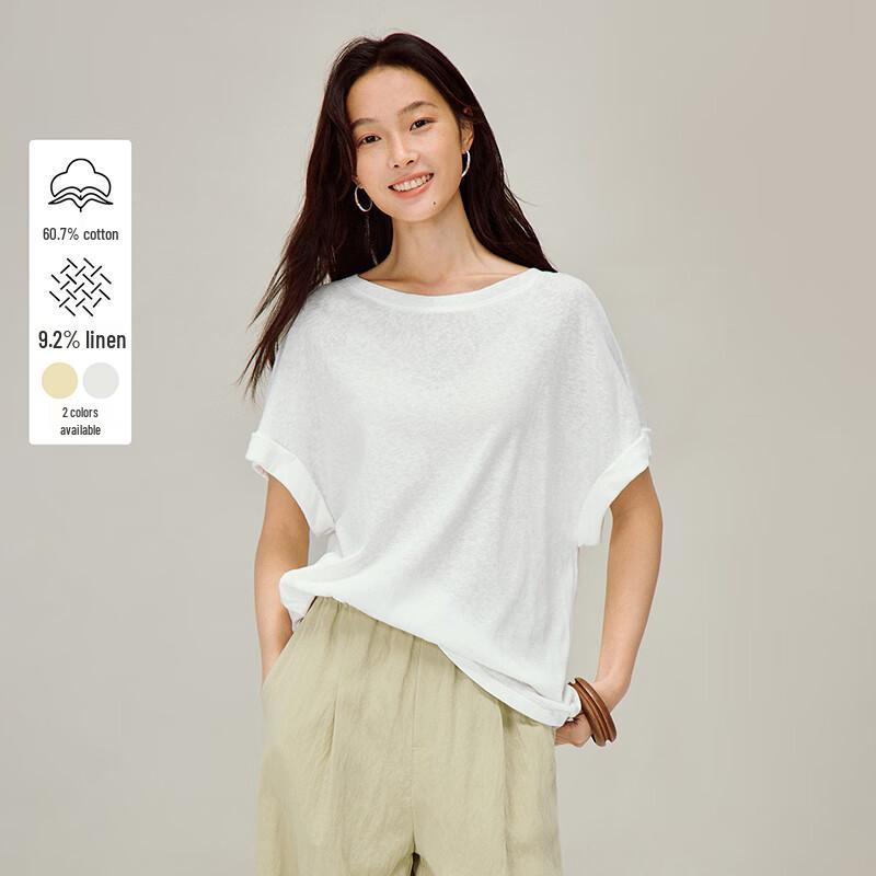 INMAN Women s Linen Cotton Blend Rolled-Cuff T-shirt M