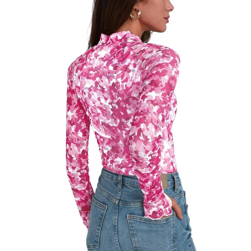 Women's Mesh Floral Print Slim Tops Long-sleeved Pullover