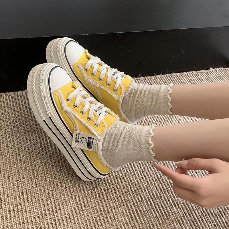 2025 Summer New Thick-sole Slippers Fashion Casual Lace-up Women's Sandals Canvas Low-top Sneakers Flat Semi-vulcanized Shoes