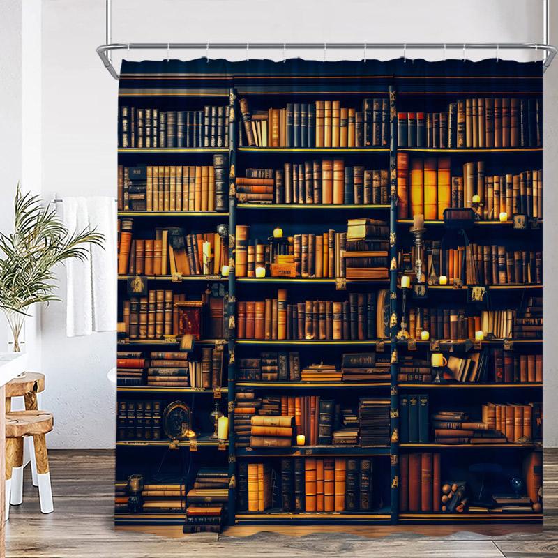 Vintage Bookshelf Shower Curtains Green Vine Leaves Floral Skull Retro Books Modern Polyester Fabric Home Bathroom Curtain Decor