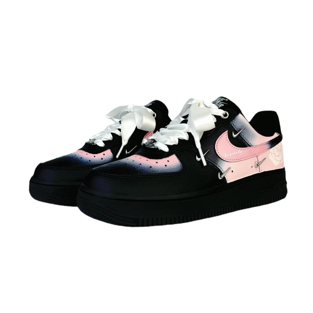 Nike Air Force 1 Slip Resistant Abrasion Resistant Low top Skateboard Shoes Women's Black Pink Silver HQ1180-001(Team74-)