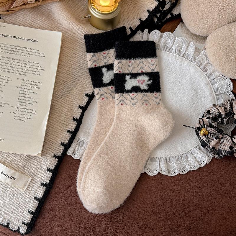 Fair Island Puppy Australian Fleece Socks for Winter Women, Thickened Mid-calf Socks, Comfortable and Casual Fleece Socks with Birken Shoes