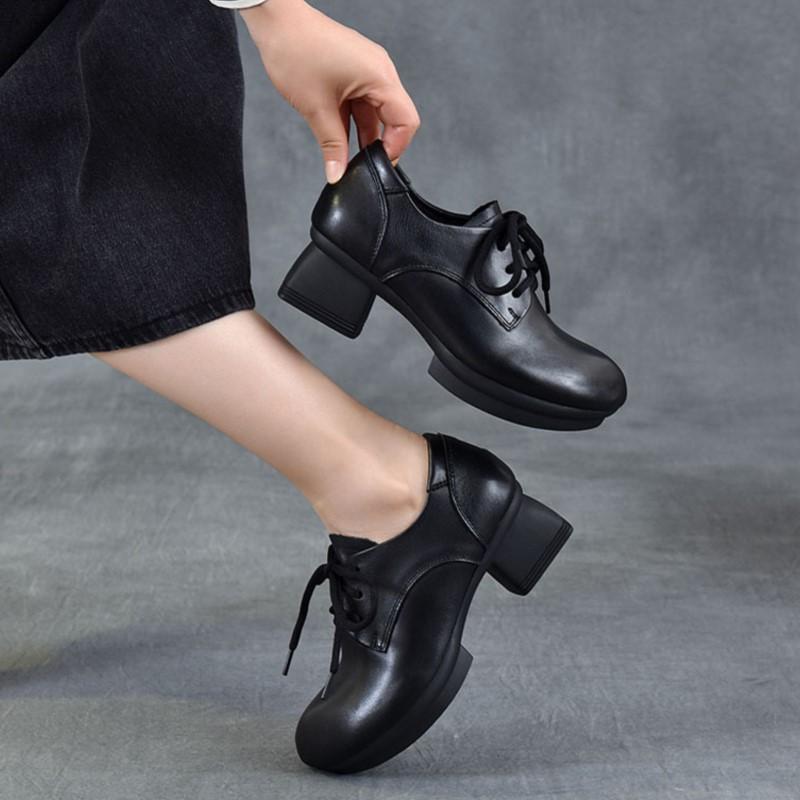 Johnature Pumps Genuine Leather Soft Soled Middle Heel Shoes Retro Versatile Lace Up Thick Heel Women's Shoes