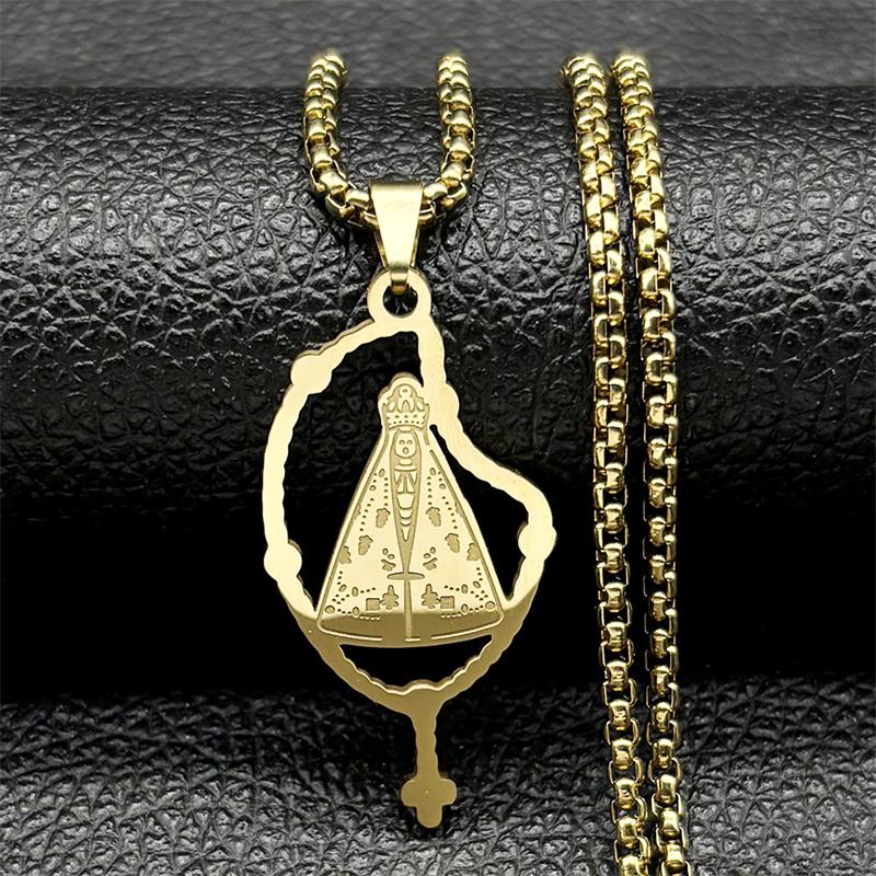 Brazilian Our Lady Of Aparecida Necklace for Men Women Stainless Steel Gold Color Virgin Mary Cross Chain Jewelry Colar