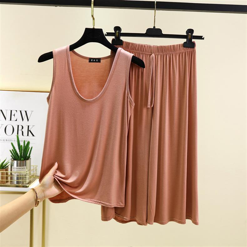 

Женский модальный топ-майка с U-образным вырезом и пижамный комплект большого размера - Летний свободный крой, носить дома или на улице Extra Large хаки