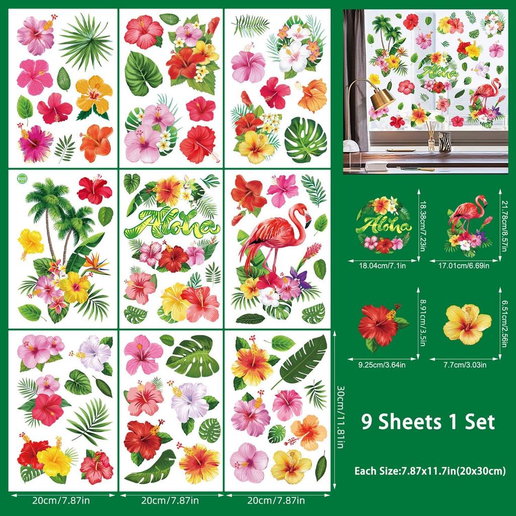 9 Sheets Summer Window Clings Stickers Double-Sided Window Decals Tropical Flamingo Green Plants Coconut Tree Designs Summer Hawaii Colorful Flower
