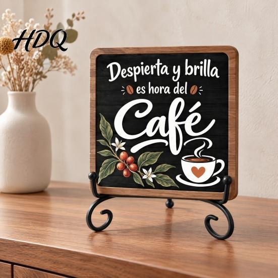 Rustic Coffee Sign for Bar 5" x Sign Wooden Spanish Decor with Decorative Station Signage Metal Display Rack Vintage Tabletop Decorations,