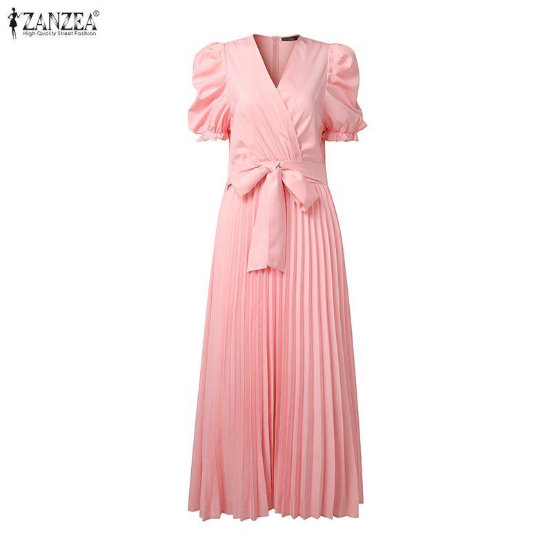 ZANZEA Women Casual V-neck Puff Short Sleeve Summer Long Dress