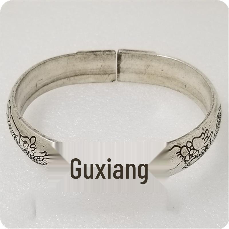 Посеребленный сплав Браслет с драконом и фениксом, Антикварный благоприятный дизайн #SQ024