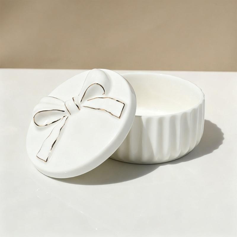 White Ceramic Jewelry Box with Lid for Rings and Earrings, Raised Lid Detail and Vanity Storage for Dresser Use and Tabletop Display