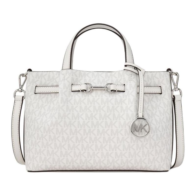 MICHAEL KORS Carson Silver Metal Logo Charm Coated Canvas Handbag Small Women s White серебряный