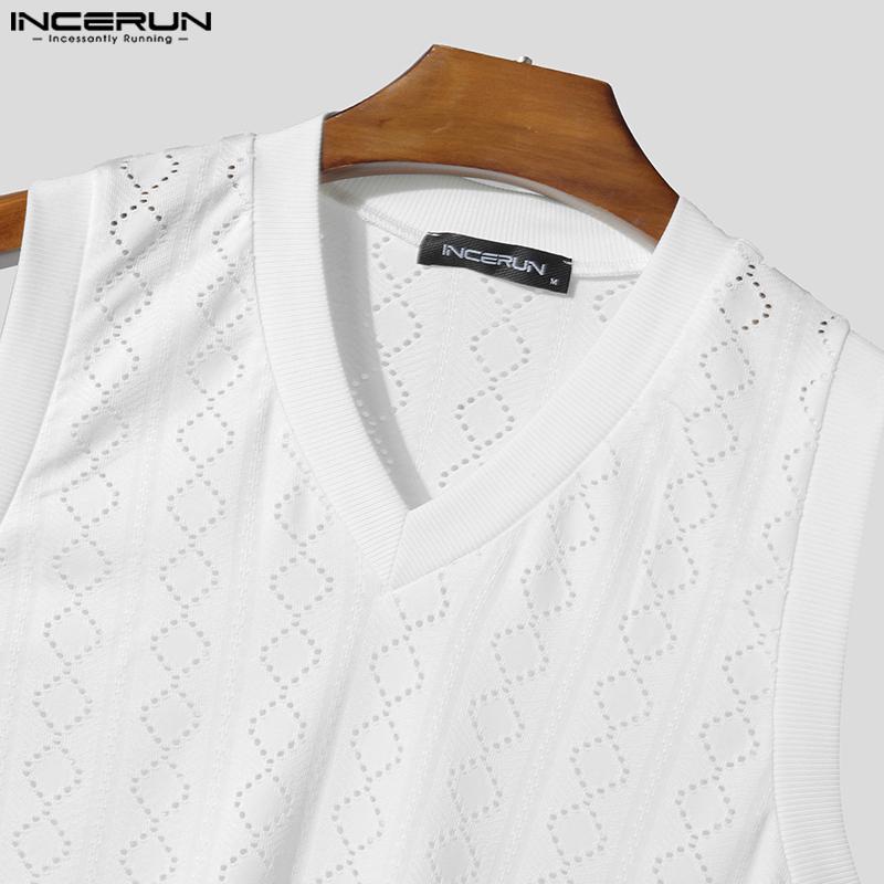 INCERUN Summer Men V Neck Sleeveless Hollow Out Solid Casual Tank Tops