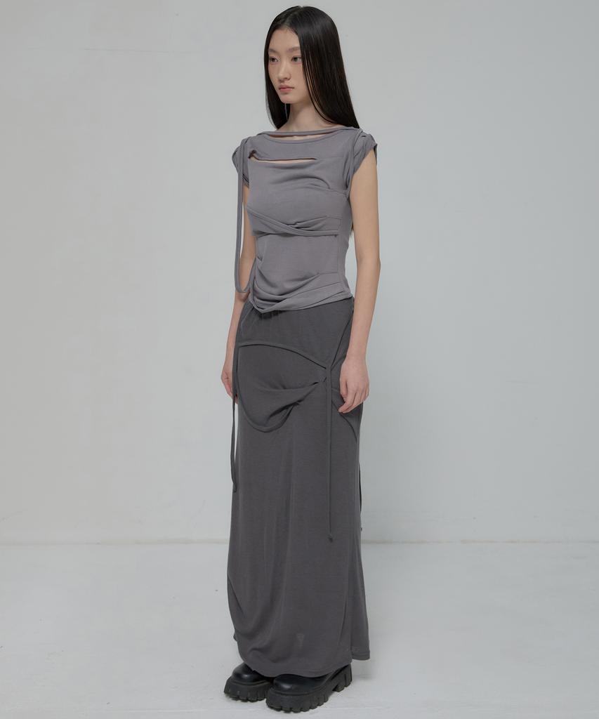 Peulleeoeob Asymmetrical Draped Strap Roll-Up T-Shirt (Fl-170_Dark Gray)