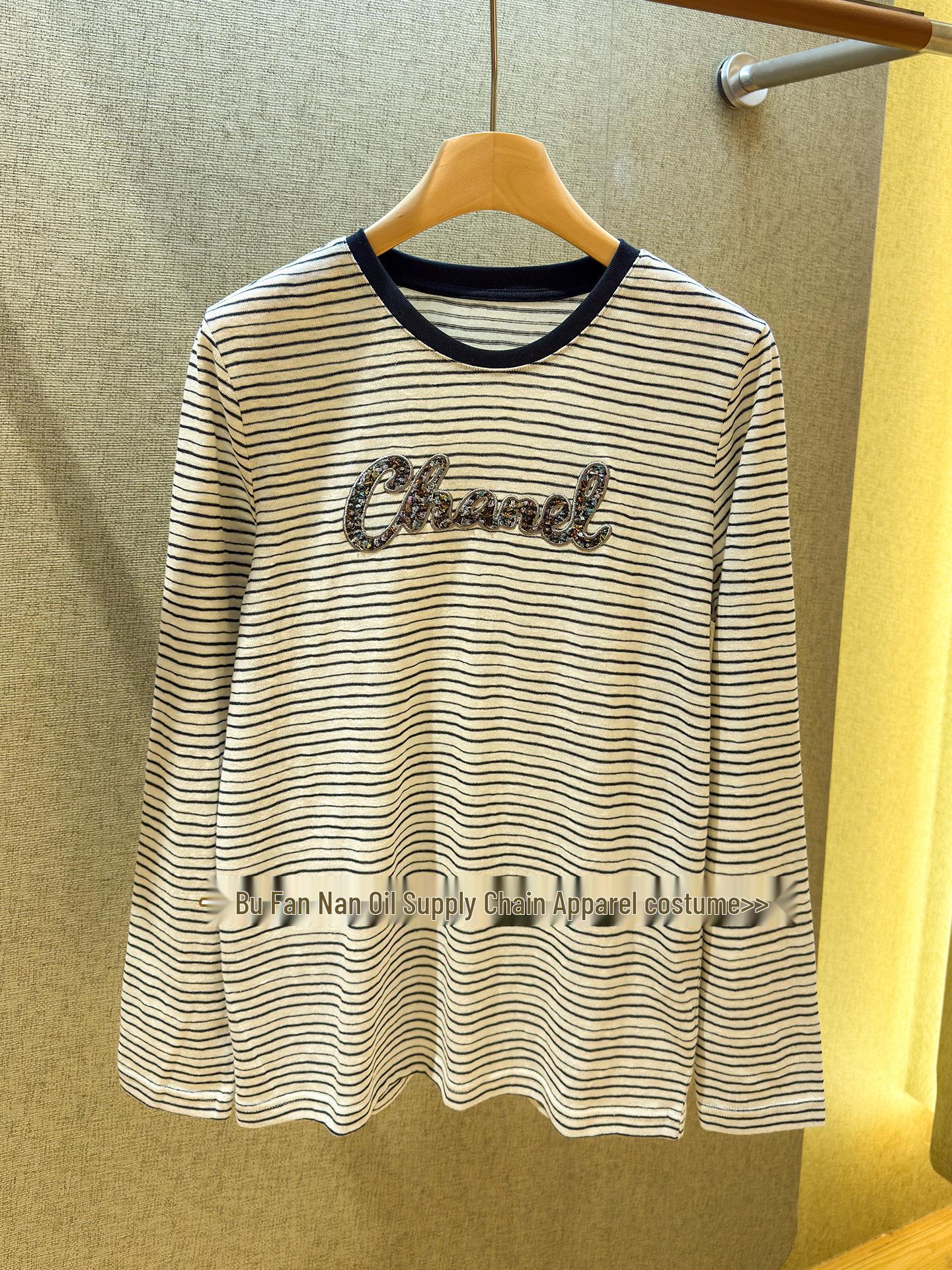 Women s Early Spring Loose Fit Striped Embroidered Long Sleeve Top Large