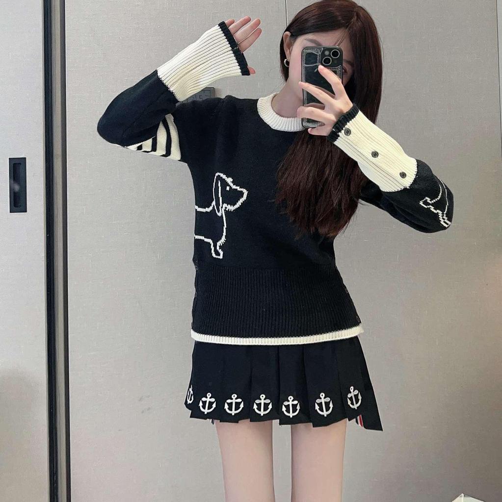 Cartoon Puppy Academic Style Wool Pullover - Women's Autumn/Winter Round Neck Short Sweater