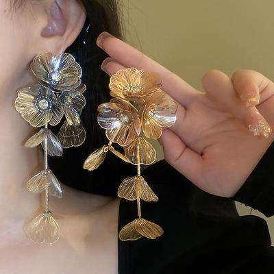 Fashion Women Long Metal Flower Tassel Fishtail Rose Earrings for Women Personality Temperament Earrings Jewelry