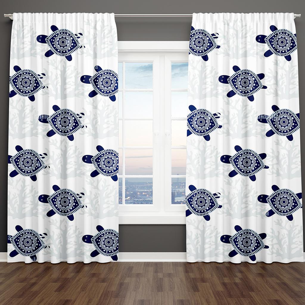 Summer Sea Animals Cartoon Starfish Turtles Blue Kid 2 Pieces Light Filtering Curtain for Living Room Bedroom Window Drape Decor