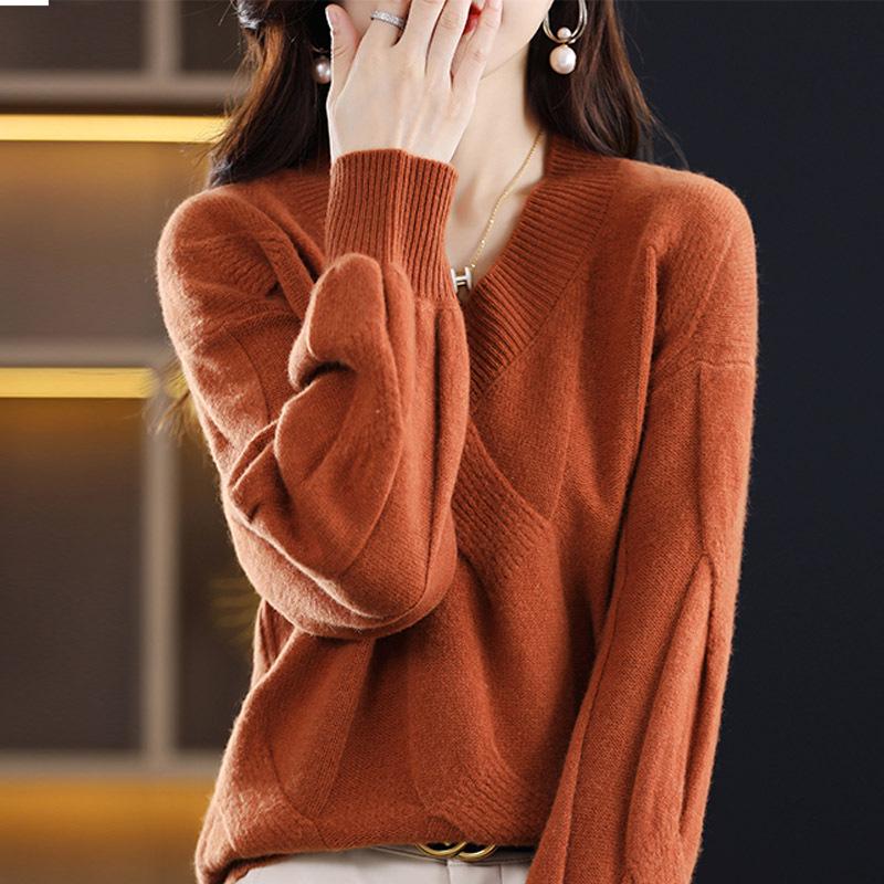 Women's V-Neck Cable Knit Cashmere Sweater - Loose, Thickened, Solid Color for Autumn/Winter