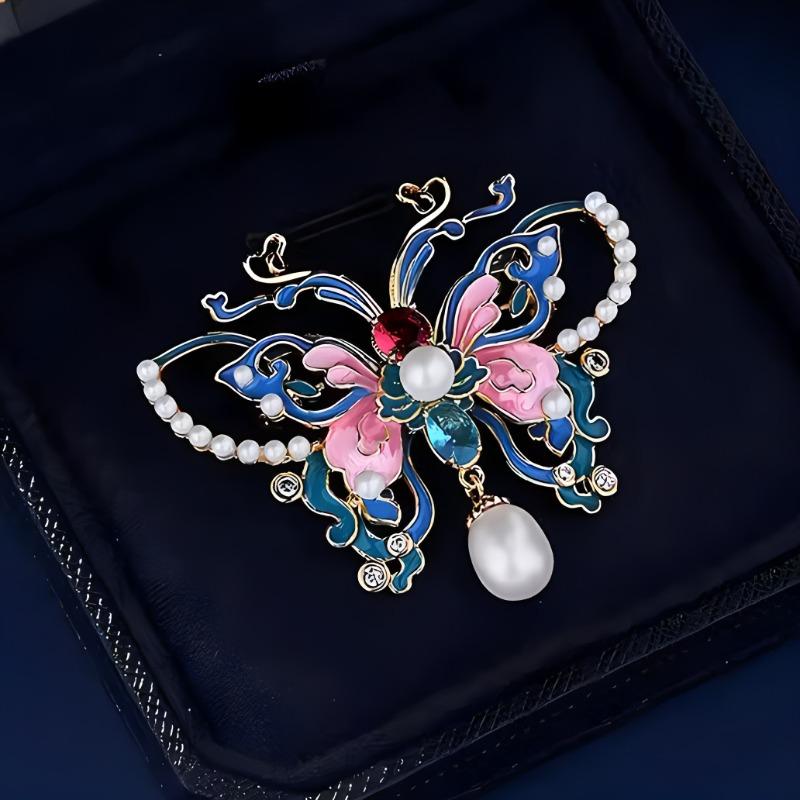 Enamel-colored Butterfly Brooch for Women, Featuring Chinese Style, with Pearl Embellishments, An Elegant Large Pin.