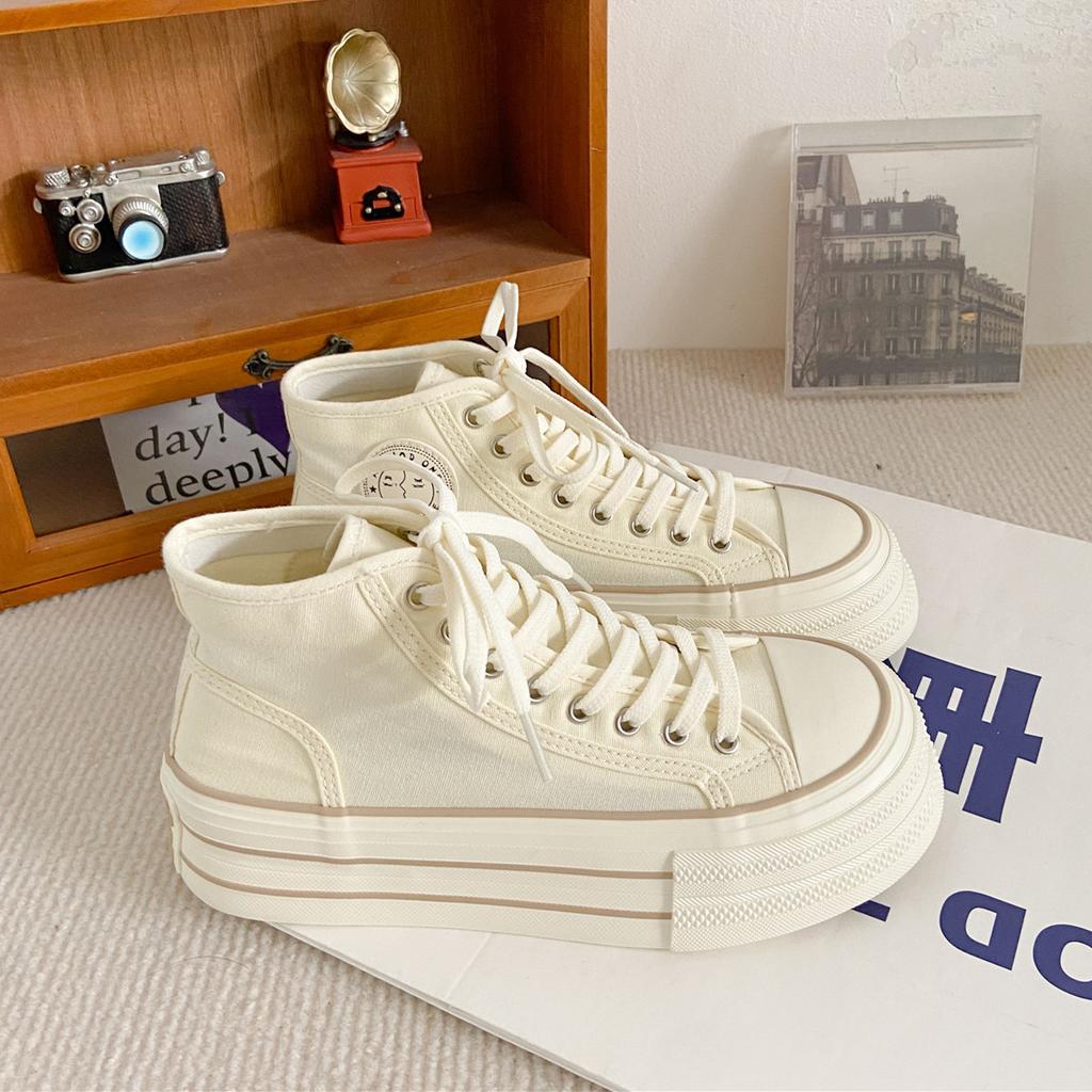Platform Canvas Shoes Women's 2025 New Korean Version of Versatile Sports and Leisure Shoes Muffin Heightening Lace-up High-top Shoes Board Shoes