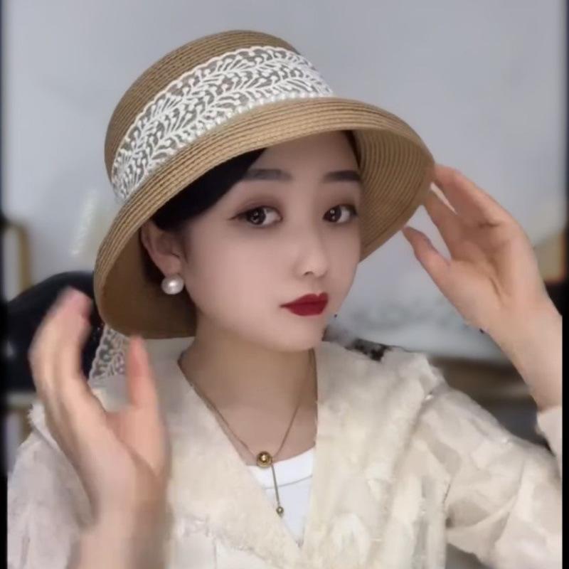 Summer Pearl Ribbon Hepburn French Mini Hat, Outdoor Sun-protection Sunshade Basin Hat, Sun Hat for a Slimming and Elegant Look