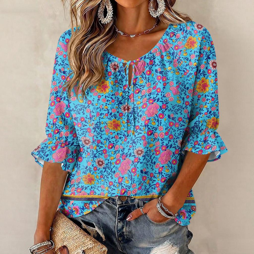 Women's Vintage Floral Print Blouse with Tie Neck and Ruffle Three-Quarter Sleeves