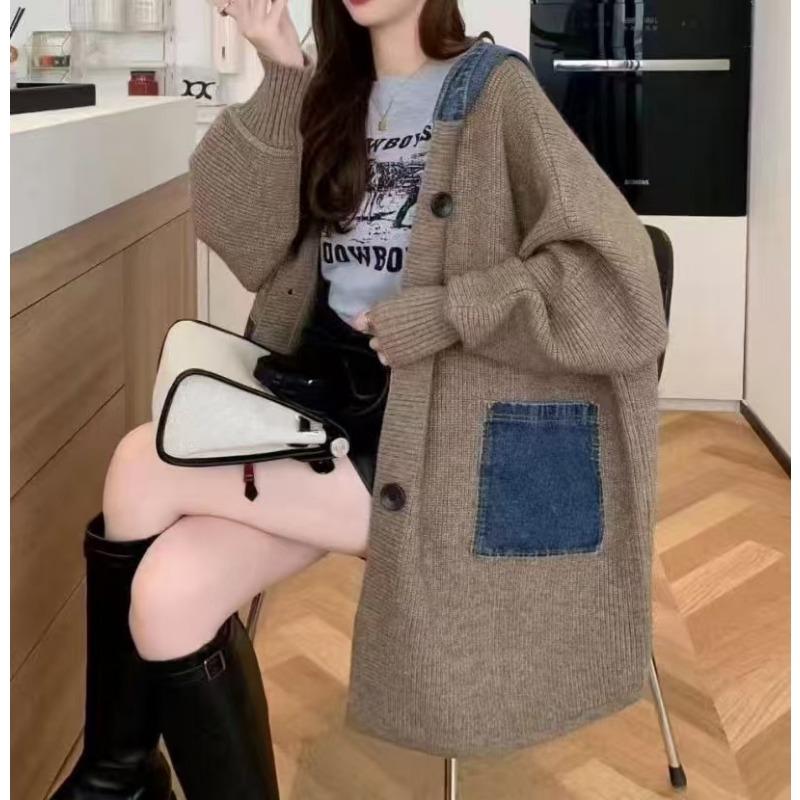 Women S Loose Hooded Long Casual Knit Cardigan Spliced Sweater