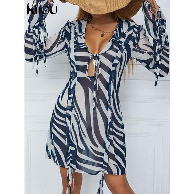 All-Match Foreign Trade Women's Clothing Beautiful Fall and Winter New Arrival Fashion Sexy V-neck Long Sleeve Elegant Stripes Tied Dress