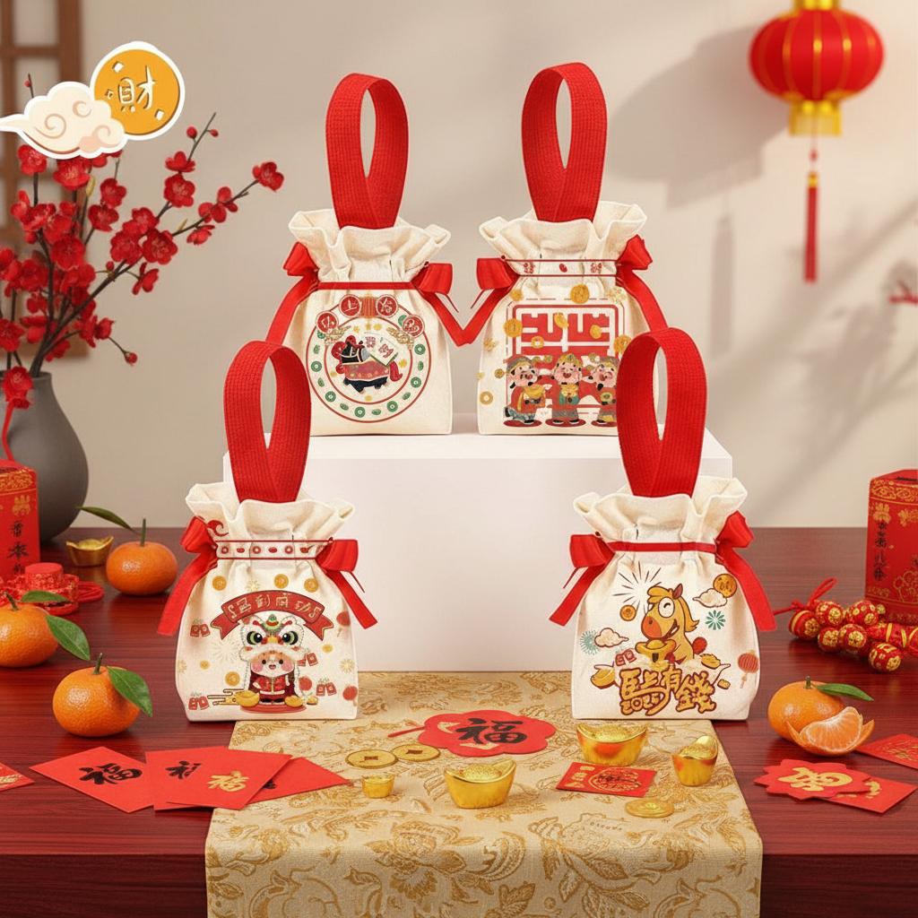 Cartoon 2026 New Year Gift Bag Chinese Style Canvas Horse Year Handbag Bag Portable Large Capacity Fashion Wedding Candy Bag